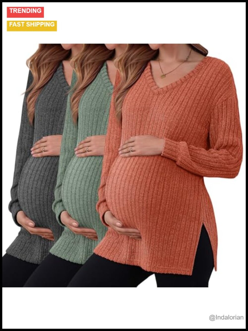 Maternity Sweaters Long Sleeve Ribbed Knit V-Neck Top Set